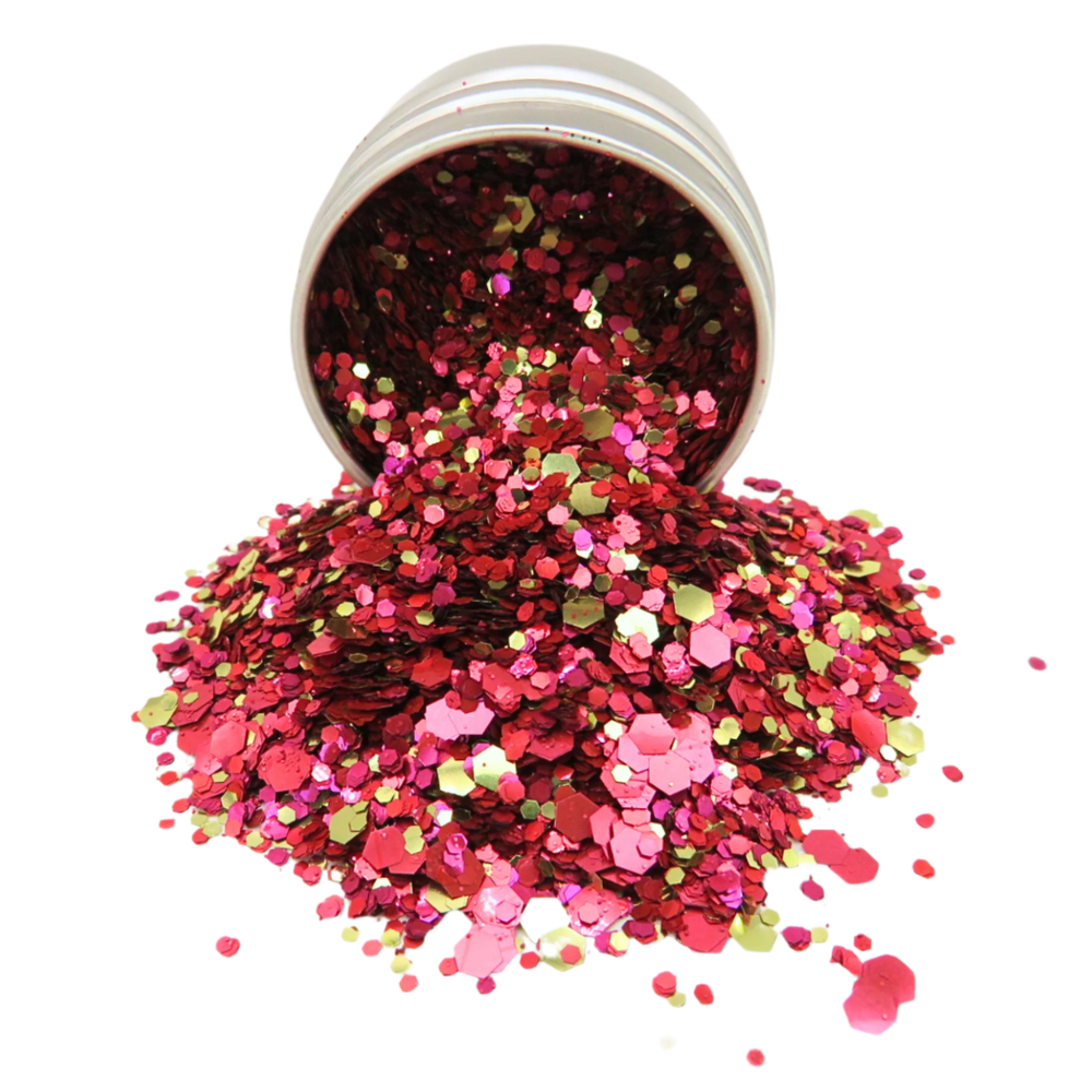 Dragons heart eco glitter makeup. A loose vegan friendly glitter mixed with red, magenta, gold and rose pink glitter.