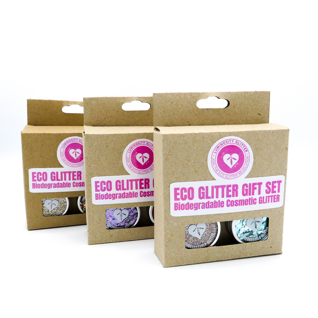 eco glitter gift set box. The perfect gift for the eco conscious person in your life. Comes with an aloe vera gel to get you sparkling straight away.