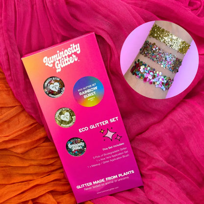 Rainbow burst eco glitter gift set filled with three eco glitters in 6 gram aluminium pots, an application brush and aloe vera application gel. Beautifully boxed in our bright packaging.