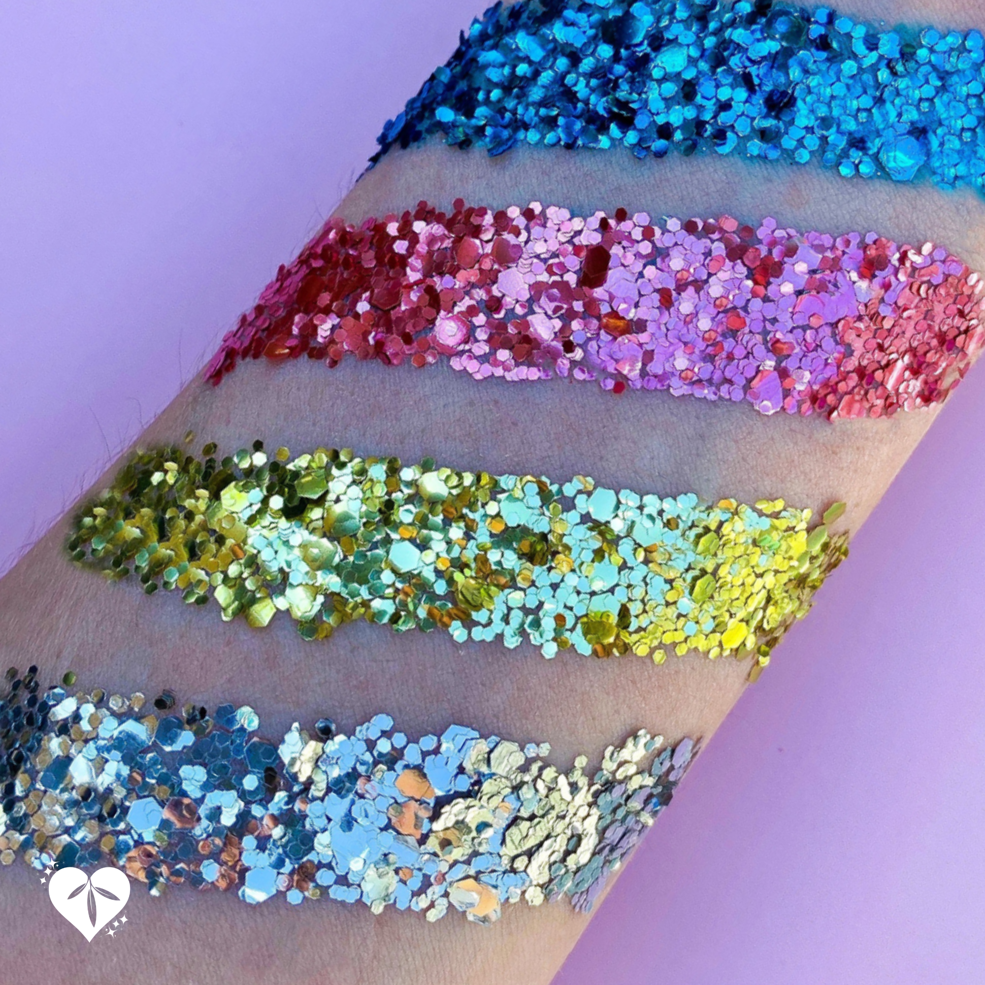Starter set of biodegradable glitter in gold, silver, pink and blue.