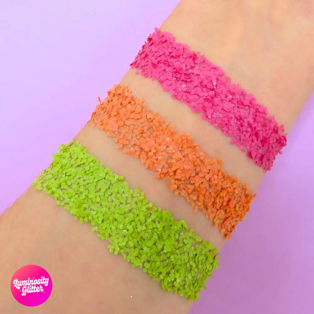 Electric vibes set of strawberry, peach and lime eco glitter in chunky sizing.