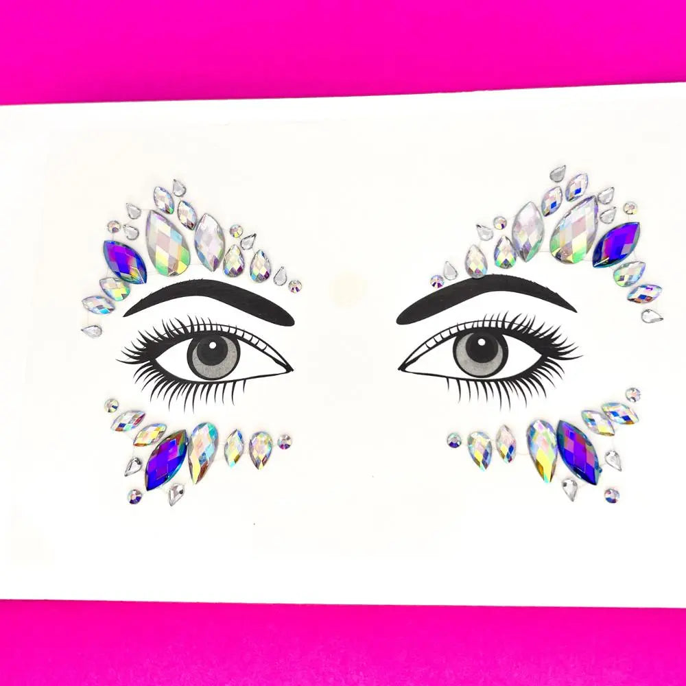 Eye candy sheet face gems that are pre-designed and on an adhesive sheet for easy application.