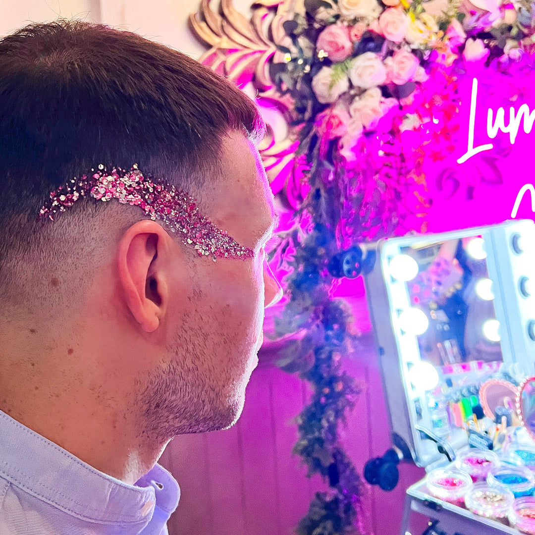 Face and hair eco glitter art at a wedding in London by Luminosity glitter