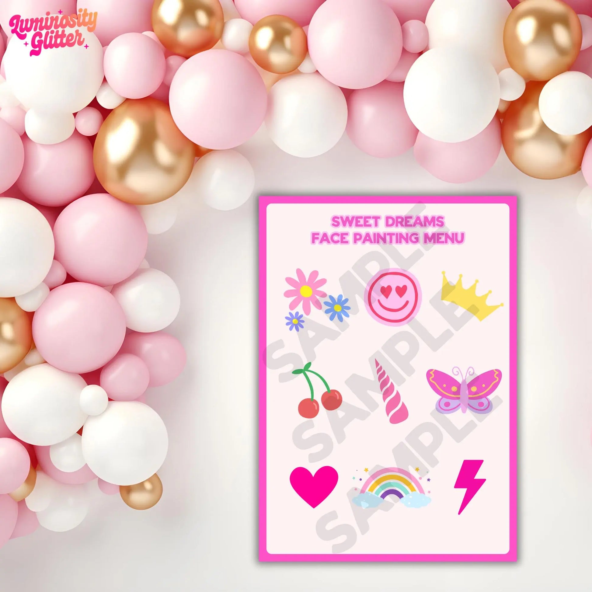 Pink face painting menu design board with flowers, cherries, a unicorn horn, butterfly and other cute designs.