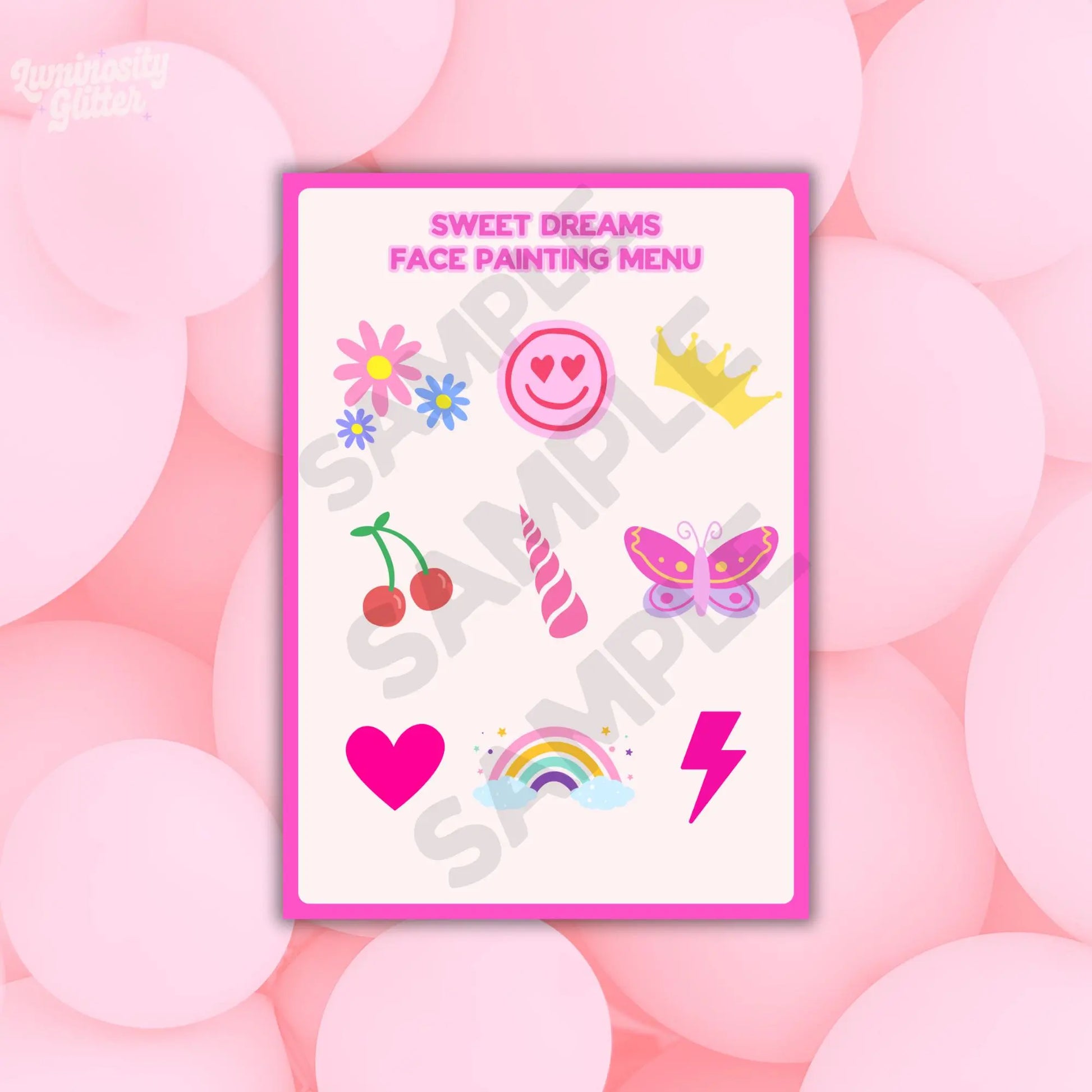 Face Painting sweet dreams pink menu design board for downloading. Children's party fun and slumber party fun.