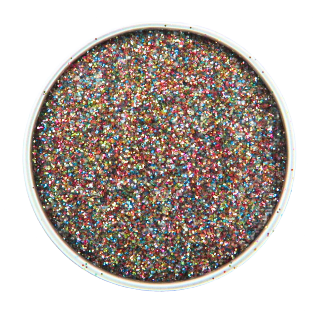 Close up of fairy dust eco friendly glitter mix for glittering your face, body, hair, nails, eyes and more. A rainbow fine glitter mix.