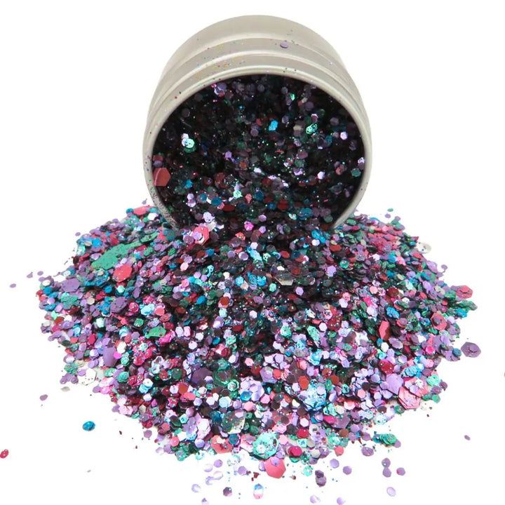 Festival face and body eco friendly glitter mix of purple, turquoise, green, pink and purple eco friendly glitter with a splash of silver.