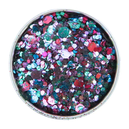 Festival eco glitter mix close up in a 6g aluminium pot.