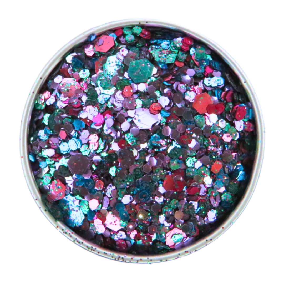 Festival eco glitter mix close up in a 6g aluminium pot.