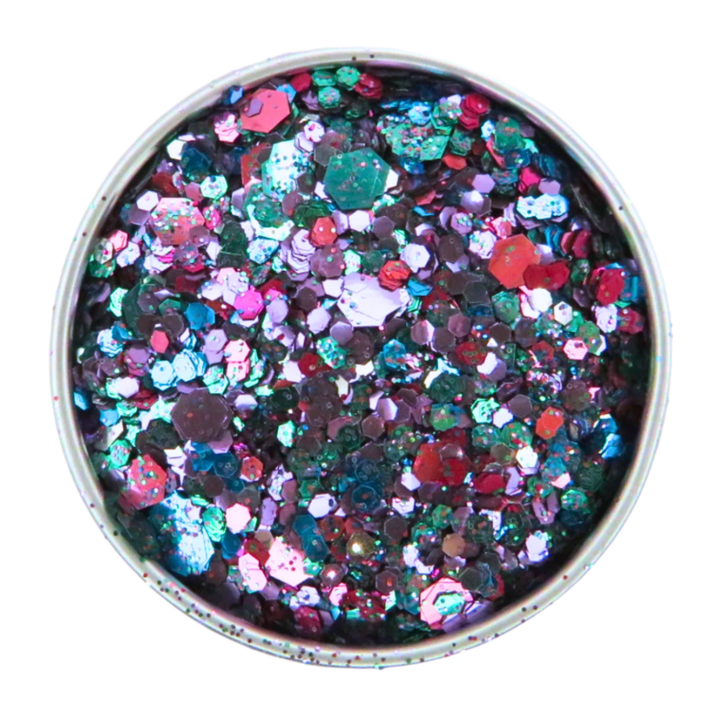 Festival eco glitter mix close up in a 6g aluminium pot.