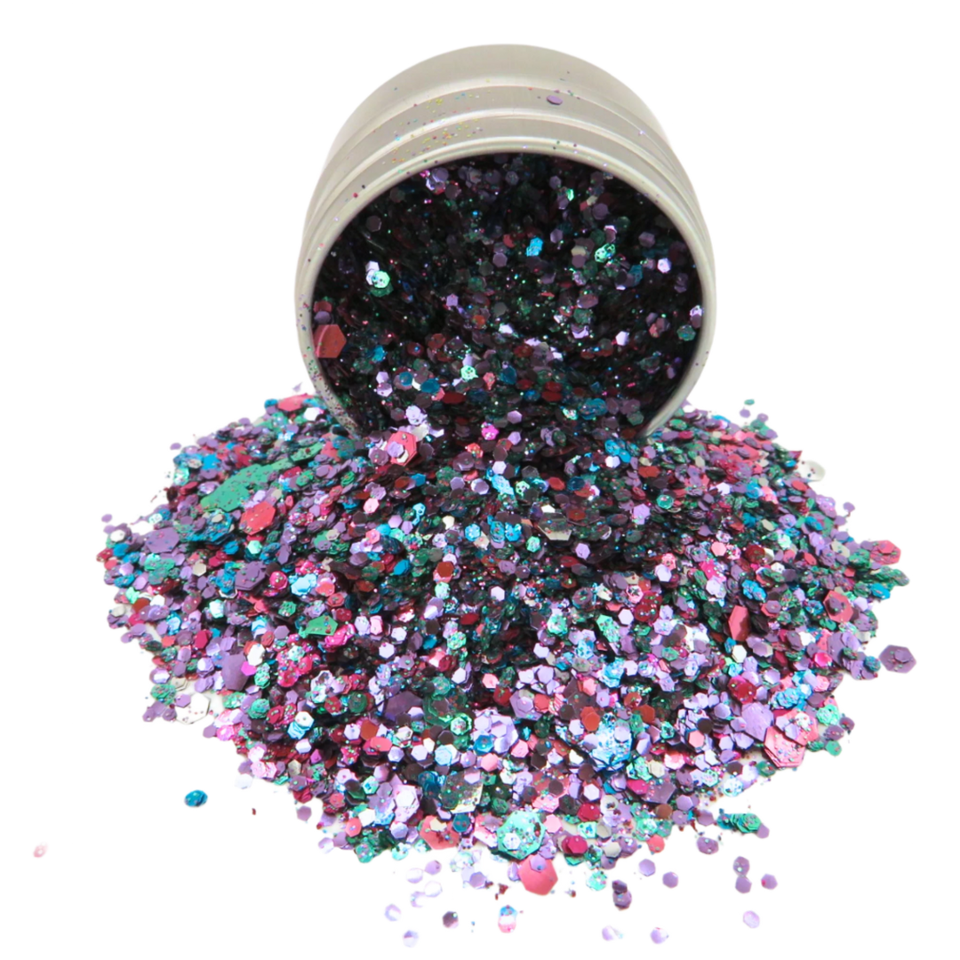 Festival face and body glitter mix in a 10ml aluminium pot.