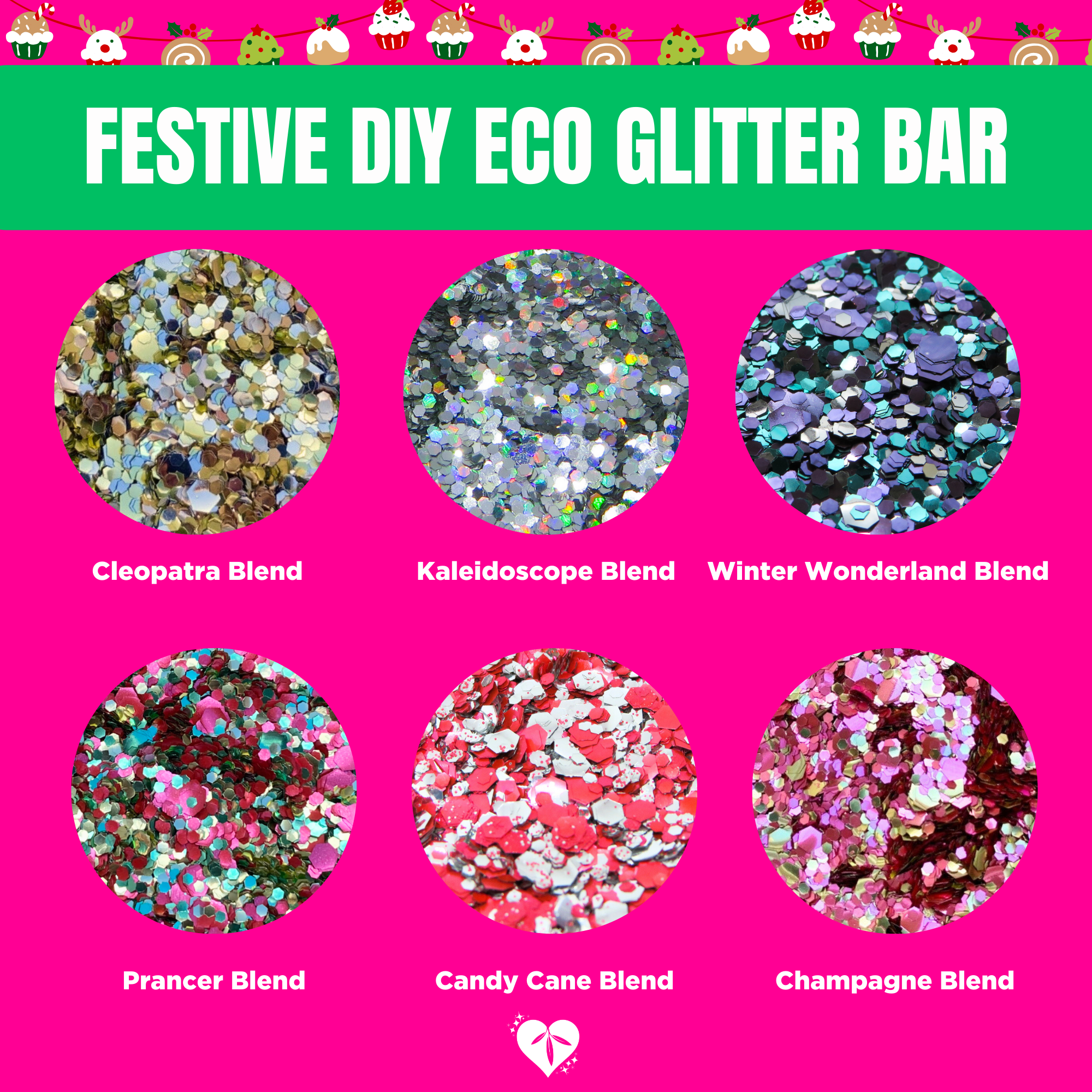 The festive DIY glitter bar kit by Luminosity Glitter. Includes Cleopatra blend, winter wonderland blend, prancer blend and candy cane blend.