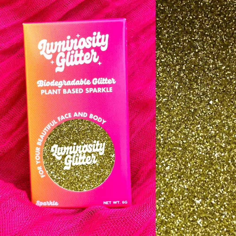 A rich gold shade of fine eco friendly cosmetic glitter for makeup, nail art, glitter tattoos and festival makeup.