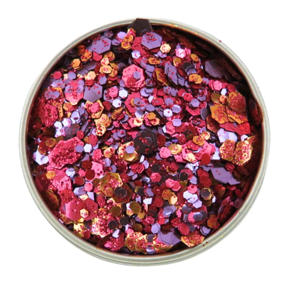 Firecracker halloween eco glitter blend made of purple, red and orange eco friendly glitter in multiple sizes for a bold glitter mix.