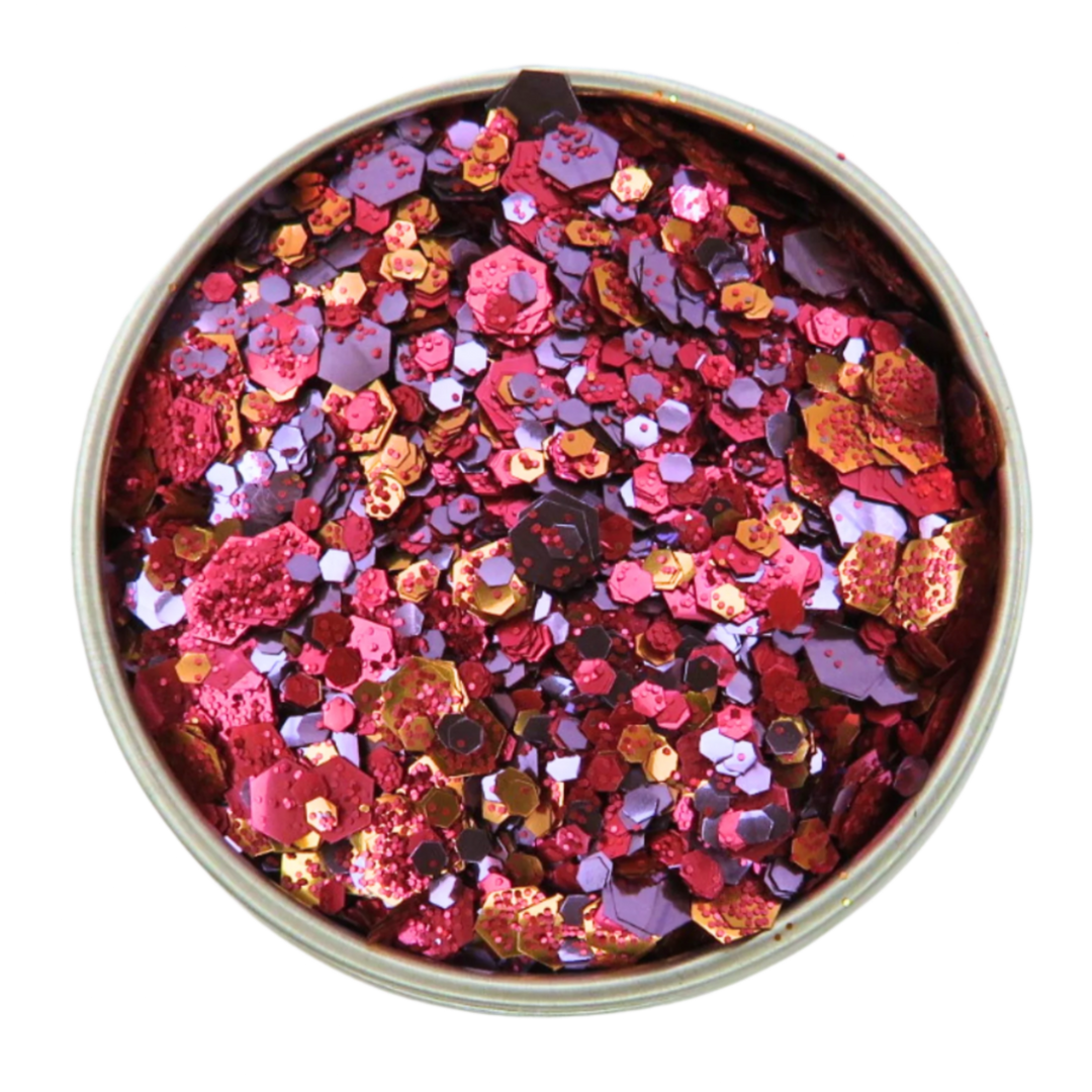 Firecracker halloween eco glitter blend made of purple, red and orange eco friendly glitter in multiple sizes for a bold glitter mix.