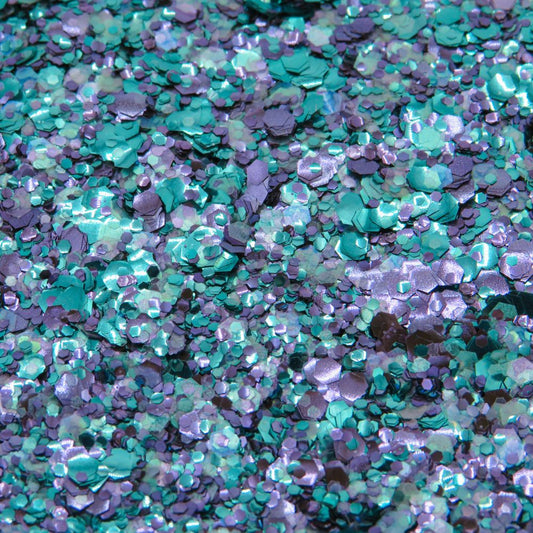 Galaxy bioglitter mix of purple, turquoise and opal glitter in rose, mint and aqua shades for an iridescent shimmer.