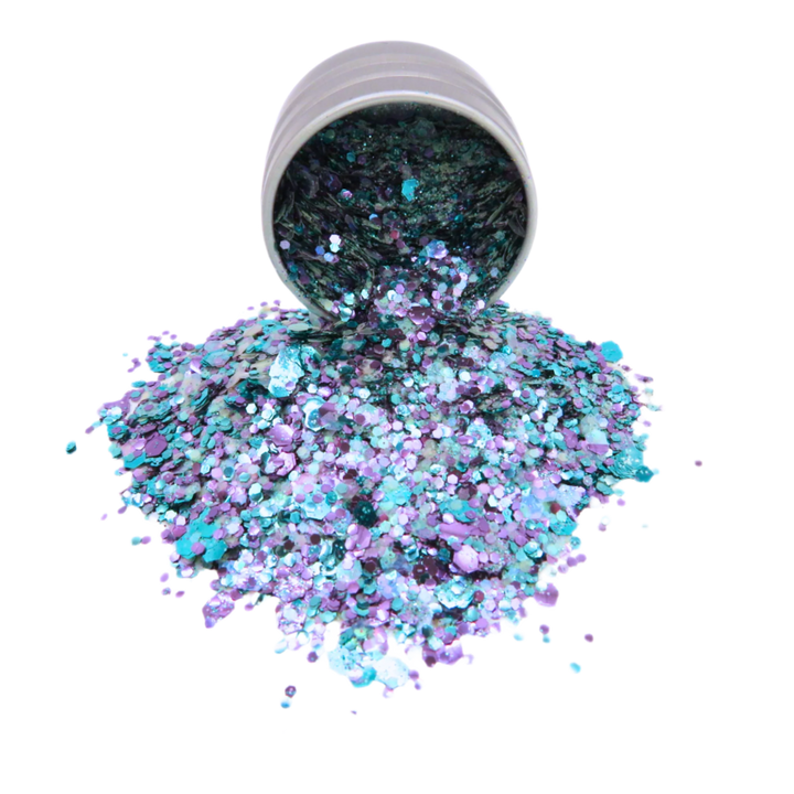 Galaxy blend of opalescent glitter in light shades of pink, blue and green, turquoise glitter and purple glitter in fine, chunky and super chunky sizing.