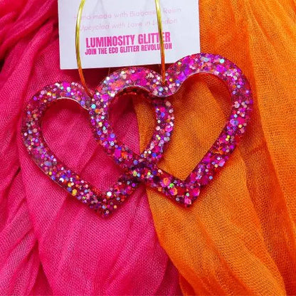 Giant XL pink glittery heart hoop earrings