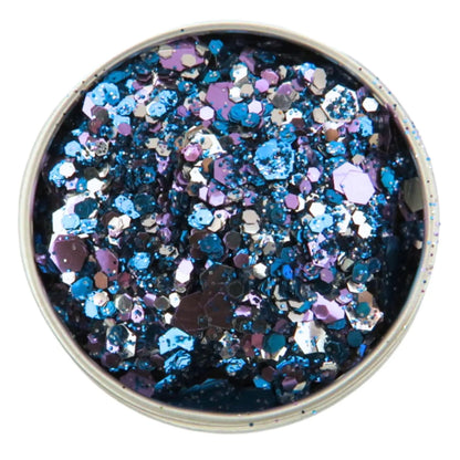 Glam vamp halloween eco glitter blend is made up with purple, blue and silver eco friendly glitter in a 6 gram aluminium pot.