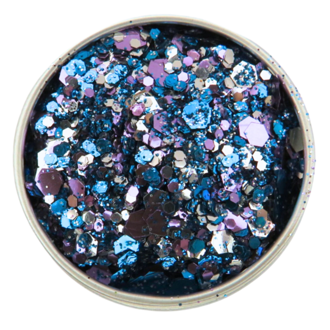 Glam vamp halloween eco glitter blend is made up with purple, blue and silver eco friendly glitter in a 6 gram aluminium pot.