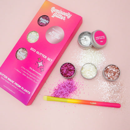Rose All Day festival face and body glitter set with magenta, light pink and white eco friendly glitter in chunky size.