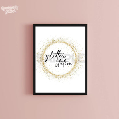 Gold Sparkles a4 downloadable and printable glitter station sign in a black frame which is not included in the listing.