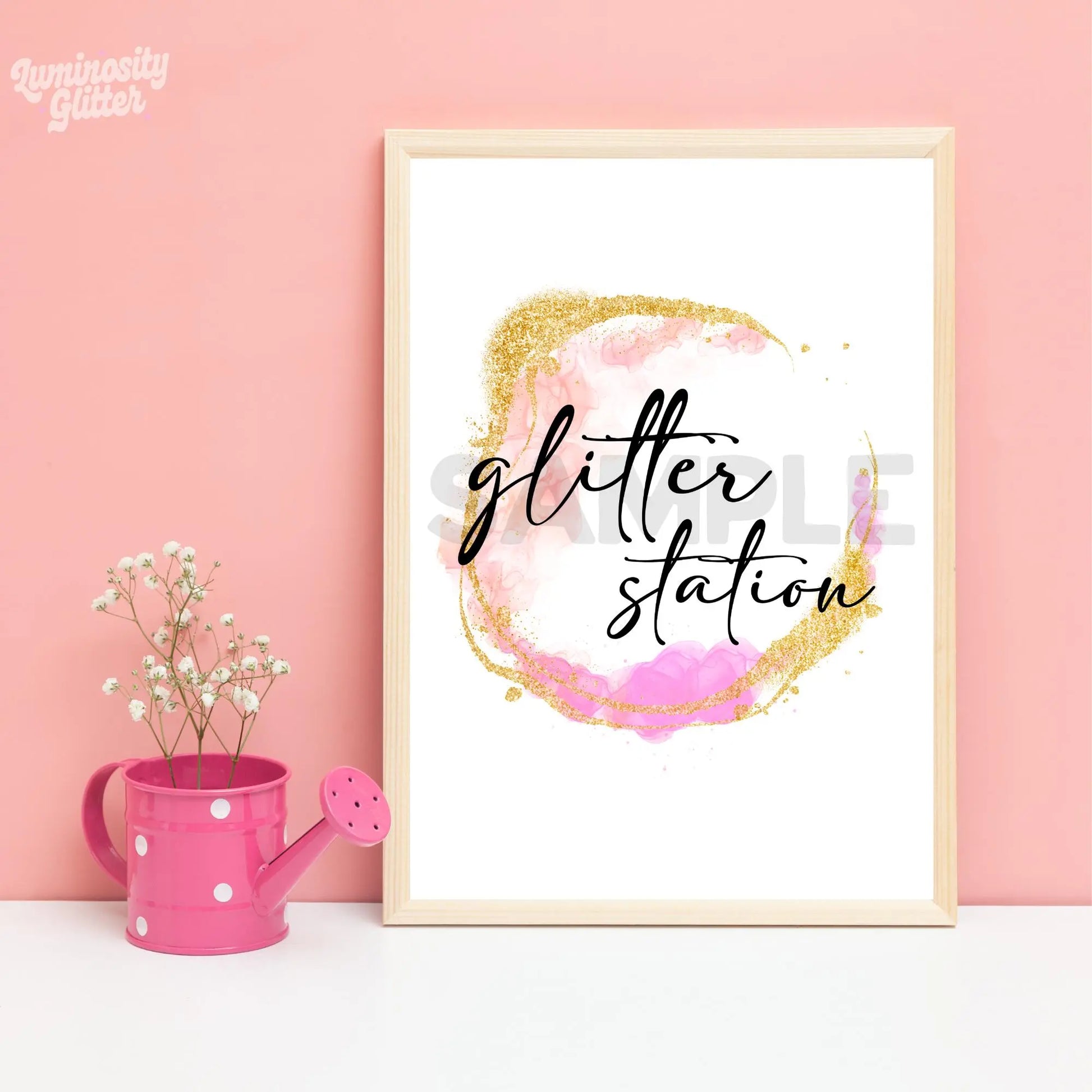 A4 Glitter Station printable sign on a pink and gold swirl background for weddings and parties.