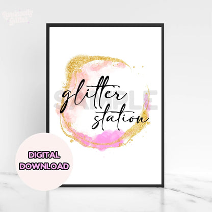 Pink and Gold swirl glitter station sign in a black frame for you to download and print at home