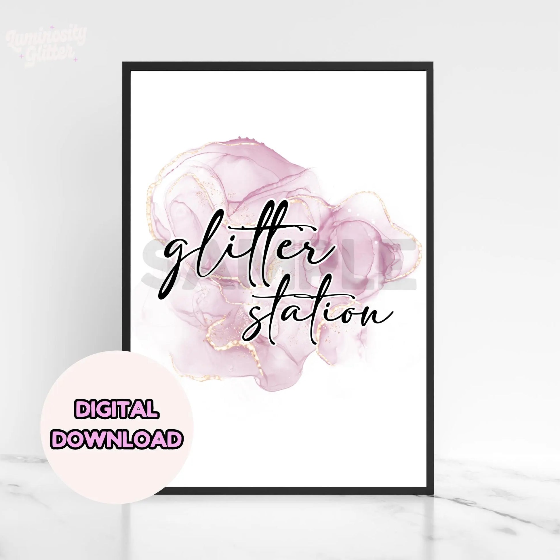 A digital download of the words glitter station on a purple and gold swirly background pattern. A4 printable glitter bar sign.