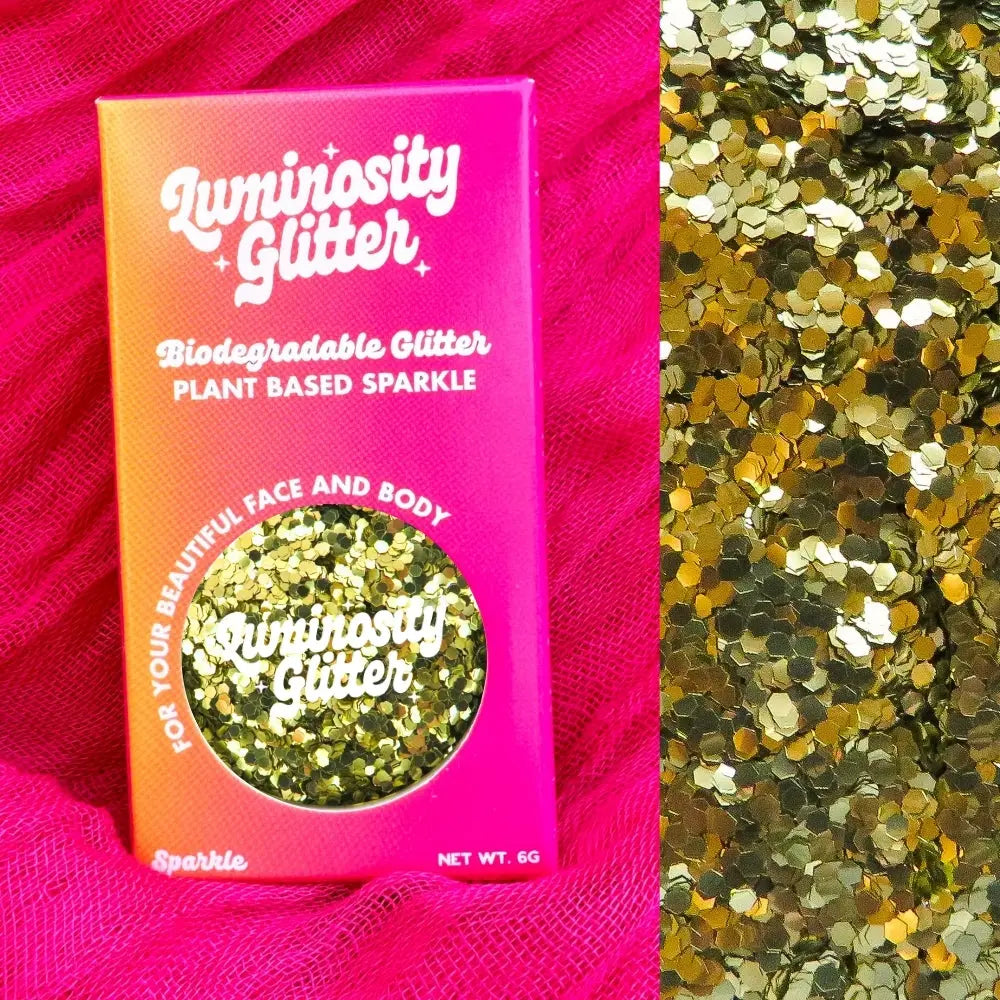 Chunky gold biodegradable glitter in a 6gram pot.