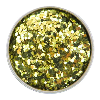 gold chunky eco friendly glitter in a round aliumminum tin