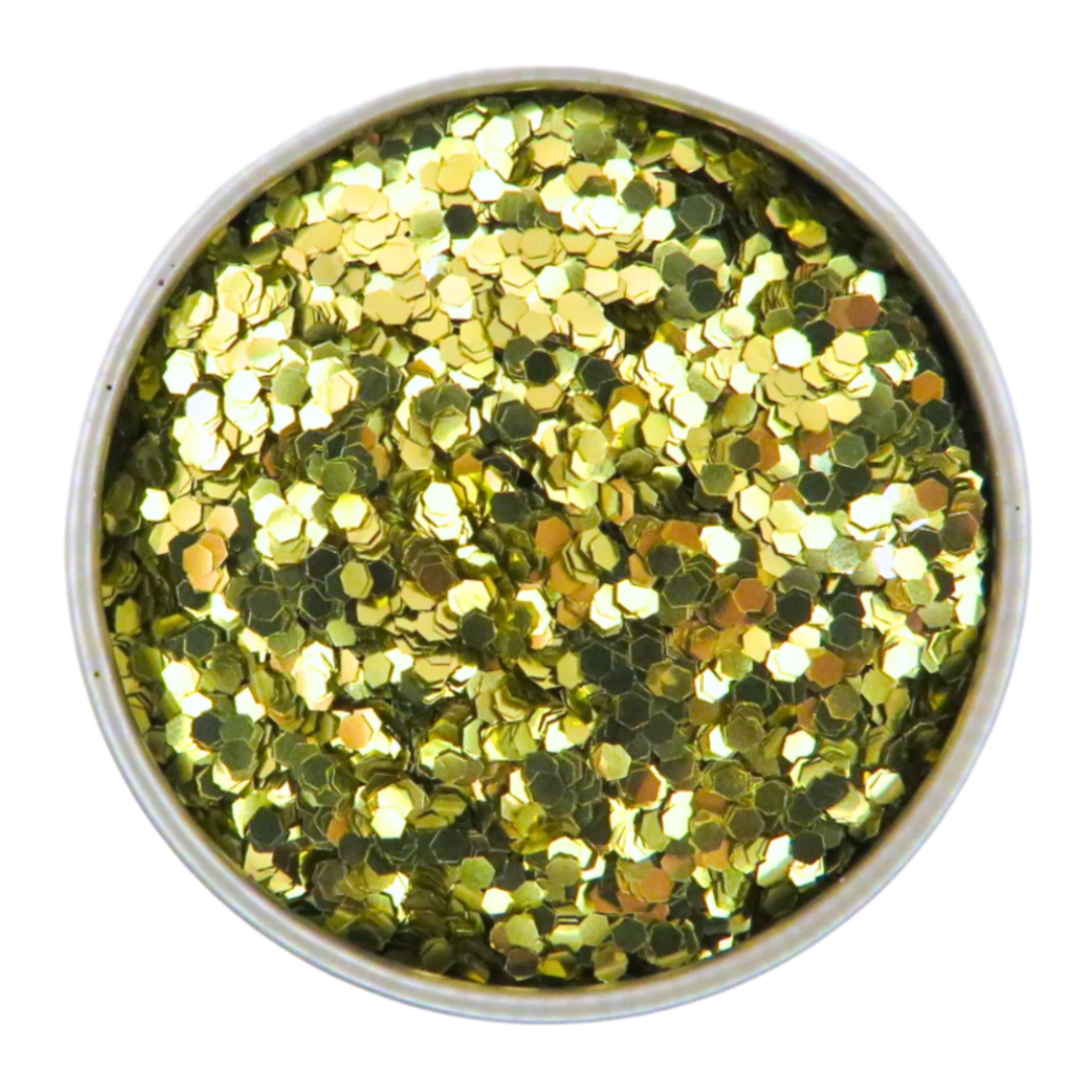 gold chunky eco friendly glitter in a round aliumminum tin