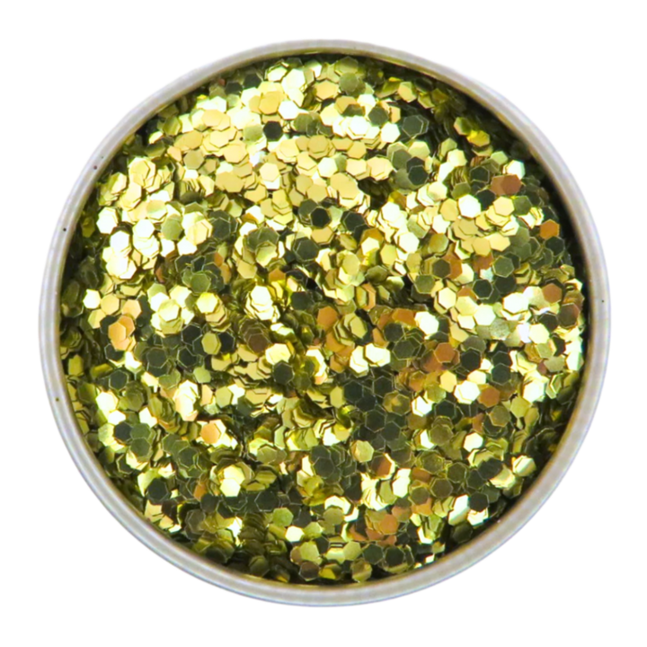 gold chunky eco friendly glitter in a round aliumminum tin