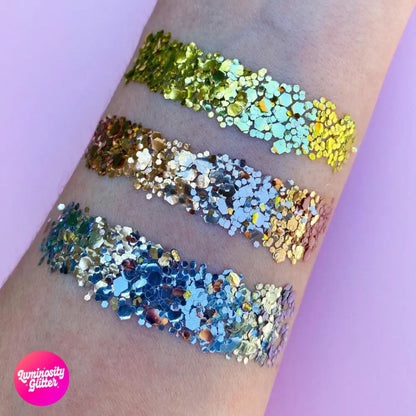 Gold Digger eco glitter swatch of gold, rose gold and silver biodegradable glitter.