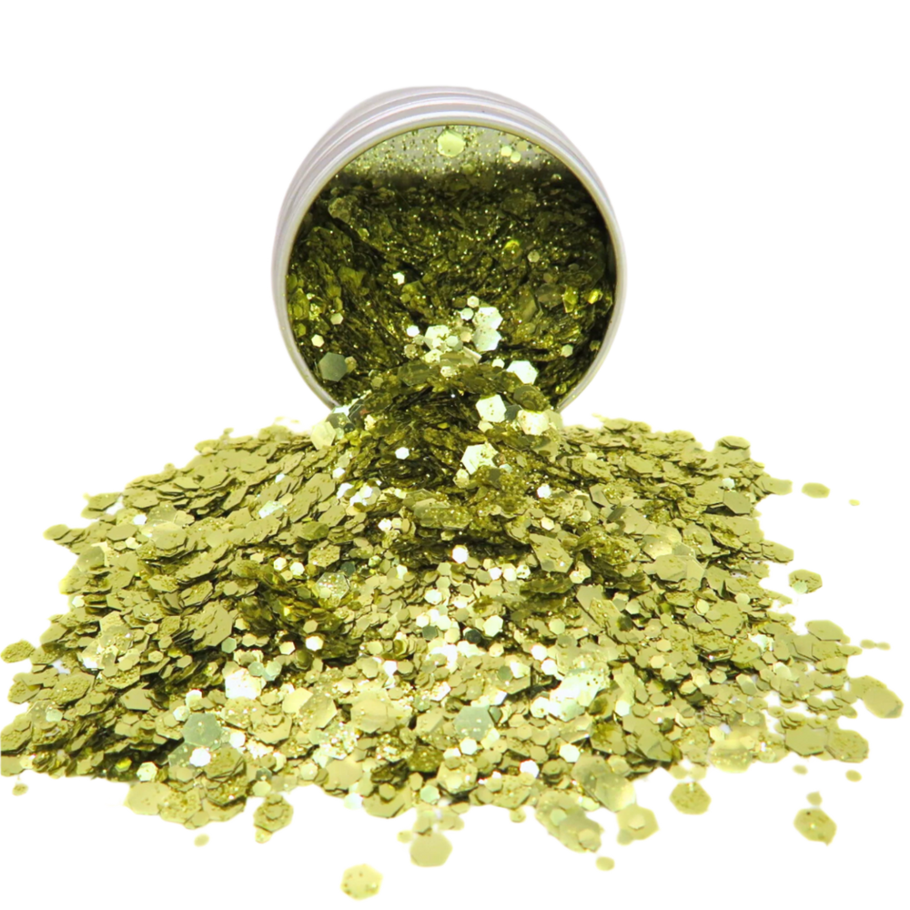 A gold blend of fine, chunky and super chunky eco friendly glitter for use on your face, body,  hair and nails.