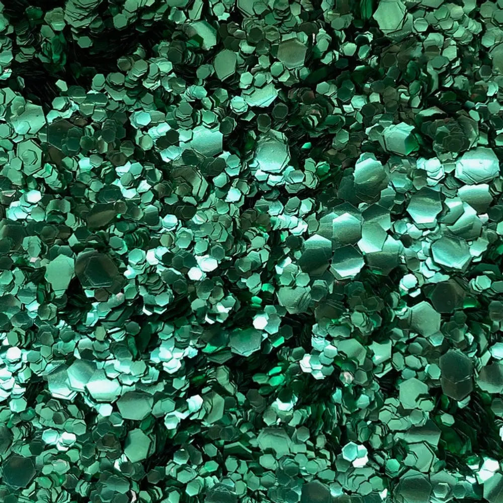 Green bioglitter mix in fine, chunky and super chunky sizing.