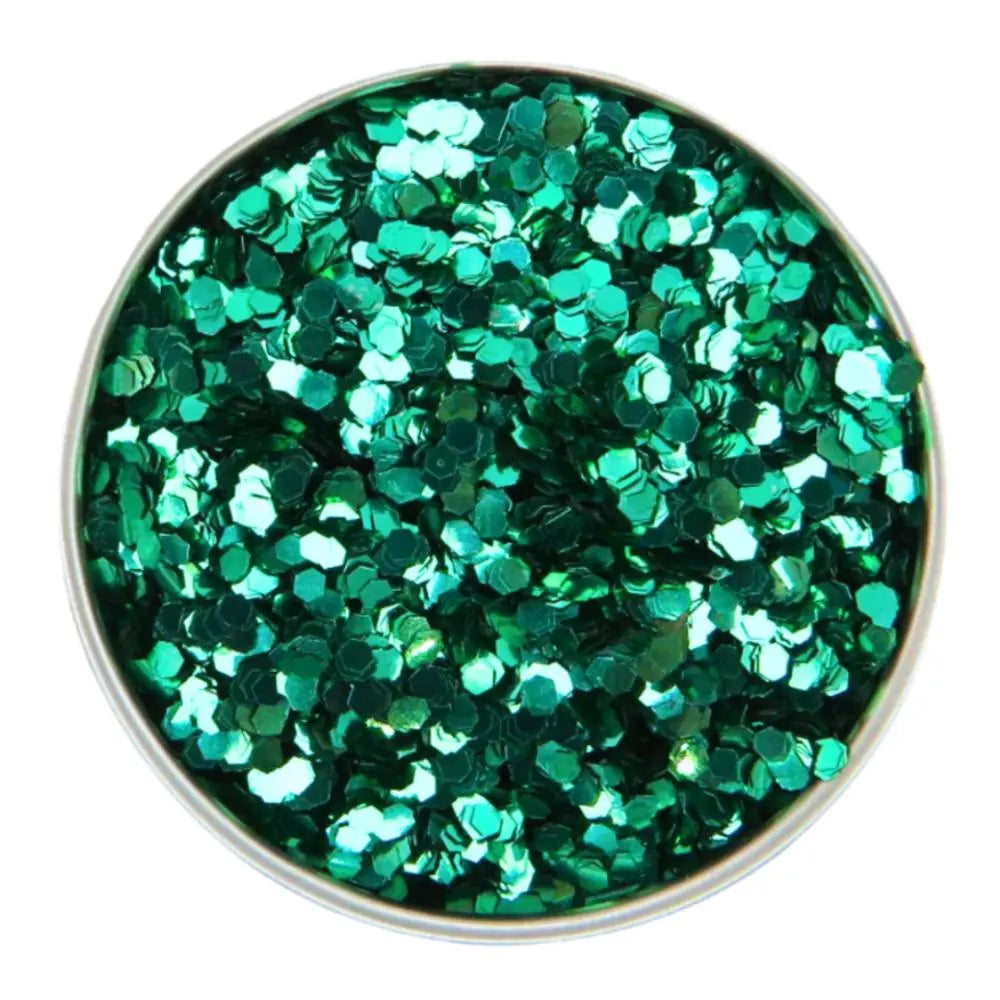 green chunky eco glitter in a round aluminium pot