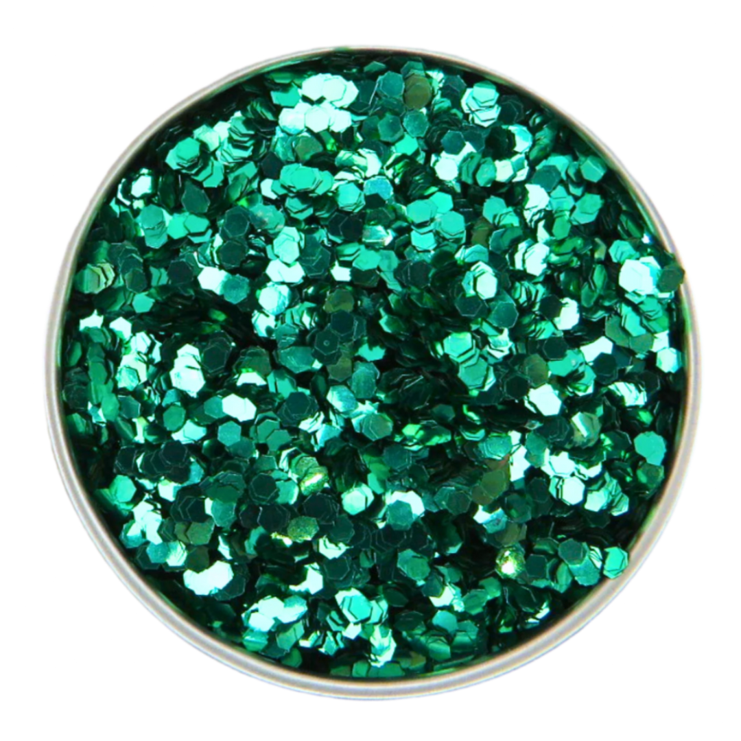 green chunky eco glitter in a round aluminium pot