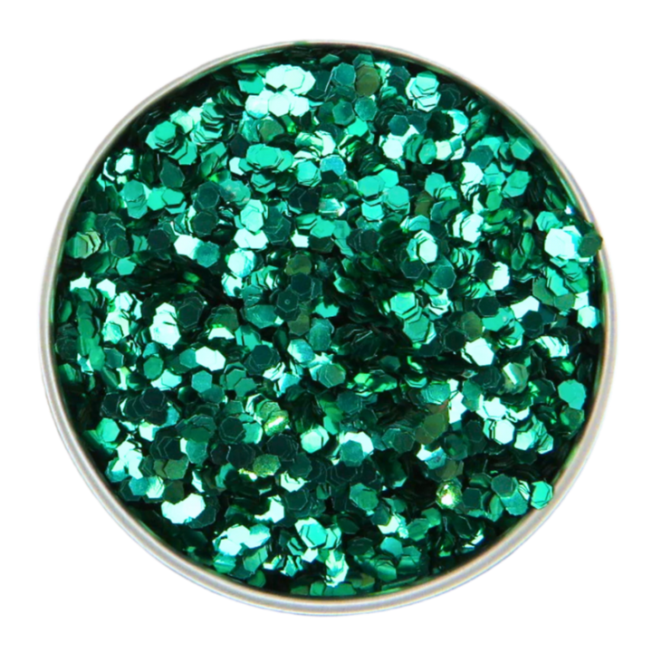 green chunky eco glitter in a round aluminium pot