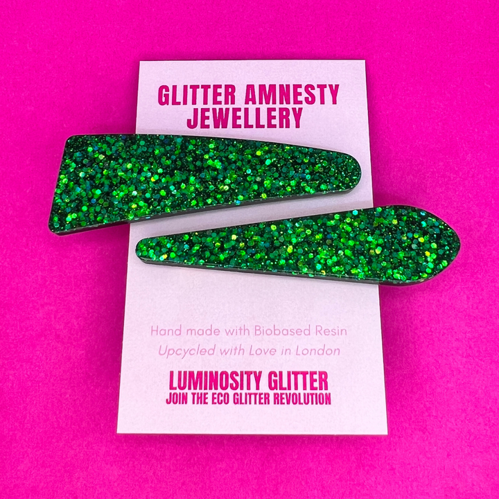 Green glitter hair clips hand made by Luminosity Glitter