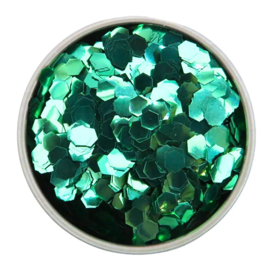 Green super chunky eco friendly glitter in a round aluminium pot.