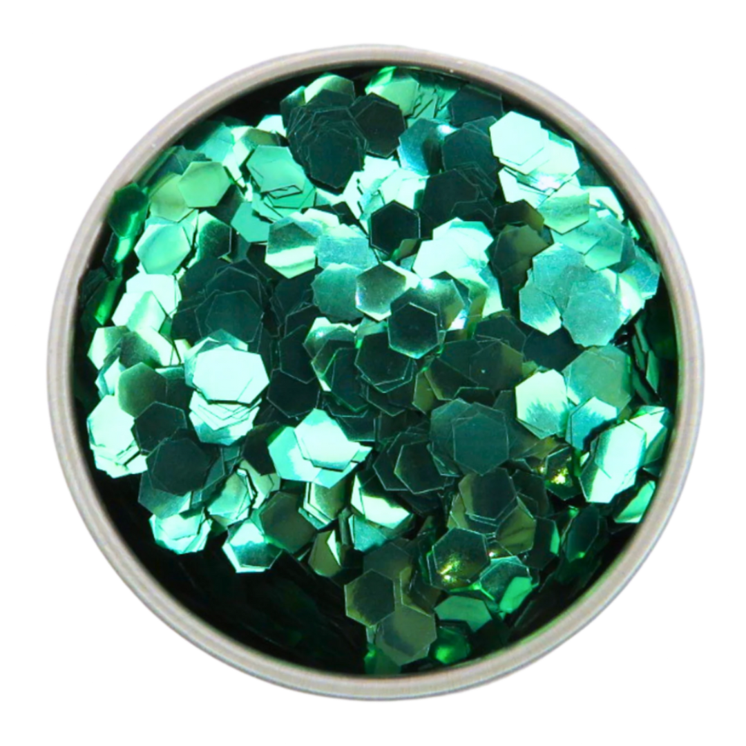 Green super chunky eco friendly glitter in a round aluminium pot.