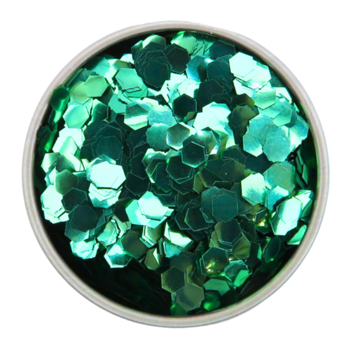 Green super chunky eco friendly glitter in a round aluminium pot.