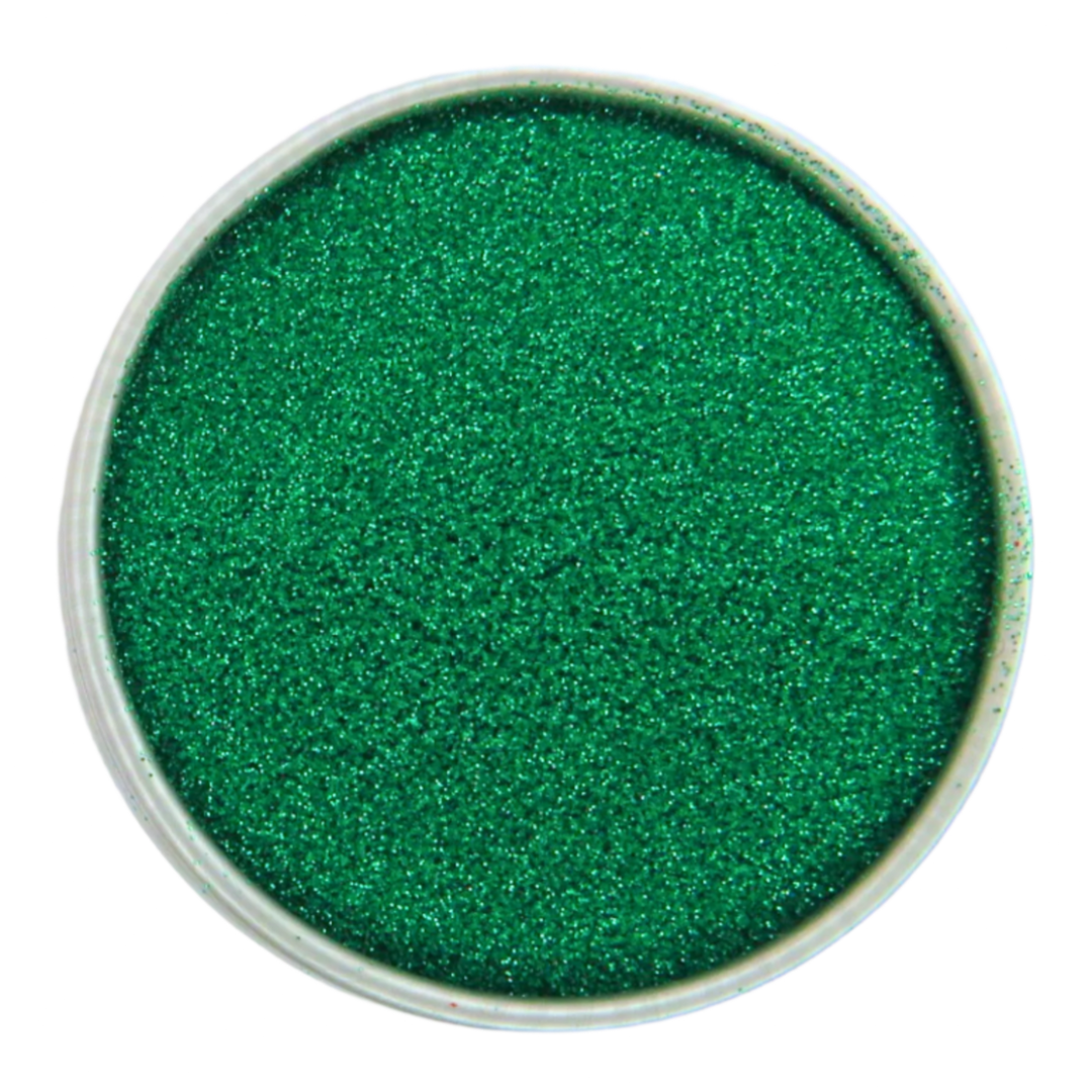 green ultra fine eco glitter in a round aluminium pot