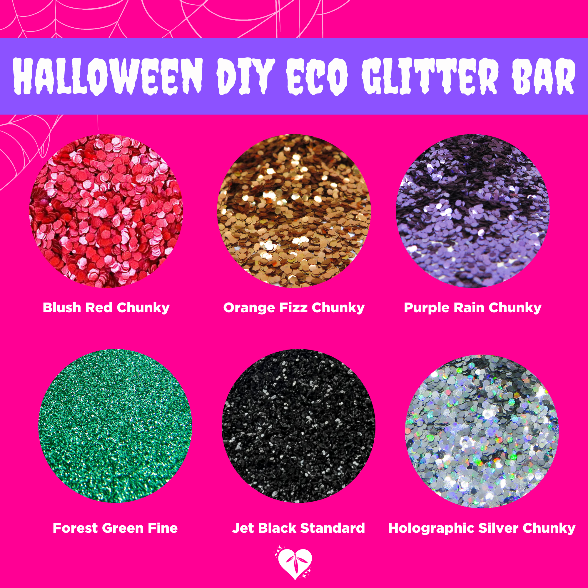 Halloween DIY eco glitter bar by Luminosity Glitter includes red blend, orange blend, purple blend, green fine, black standard and holographic silver chunky.