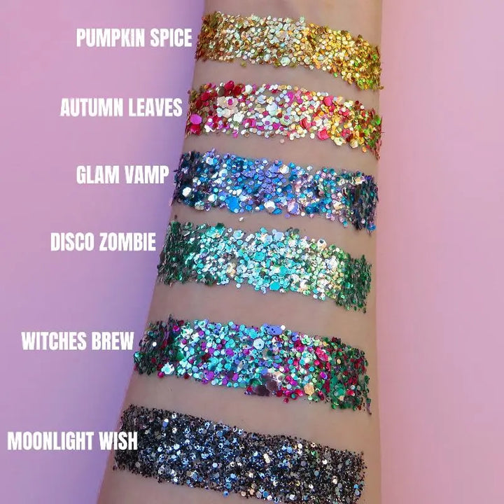 A swatch of halloween glitter blends including pumpkin spice, autumn leaves, glam vamp, disco zombie, witches brew and moonlight wish.