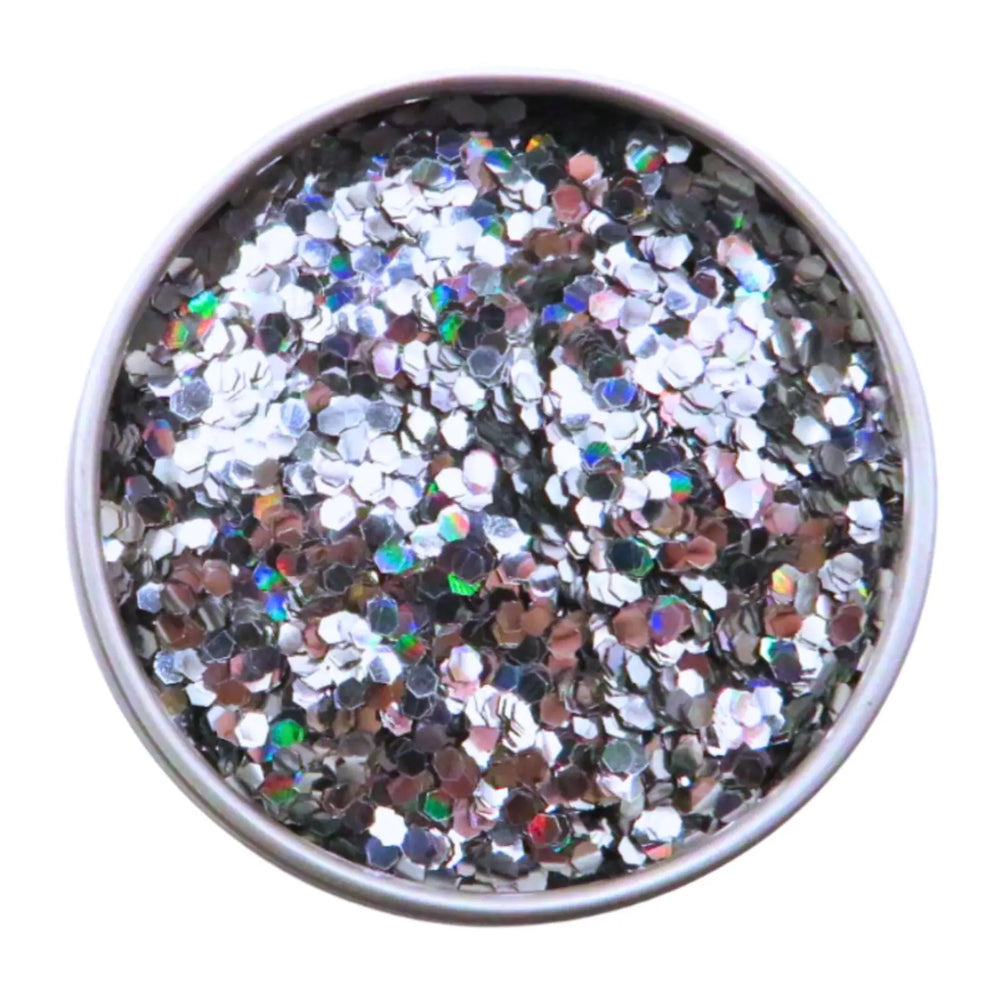 Chunky holographic eco friendly glitter in a 6 gram tin.