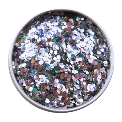 Chunky holographic eco friendly glitter in a 6 gram tin.