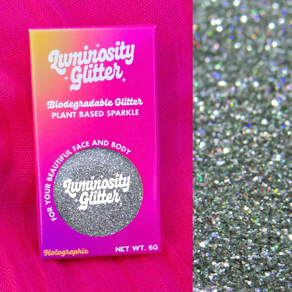 Holographic fine eco friendly glitter in bright ombre packaging.