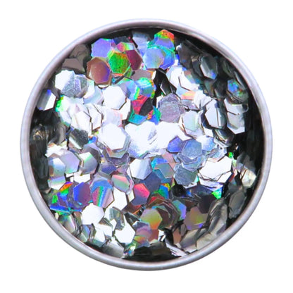 Holographic super chunky eco friendly glitter for makeup and use on your face, body, hair and nails.